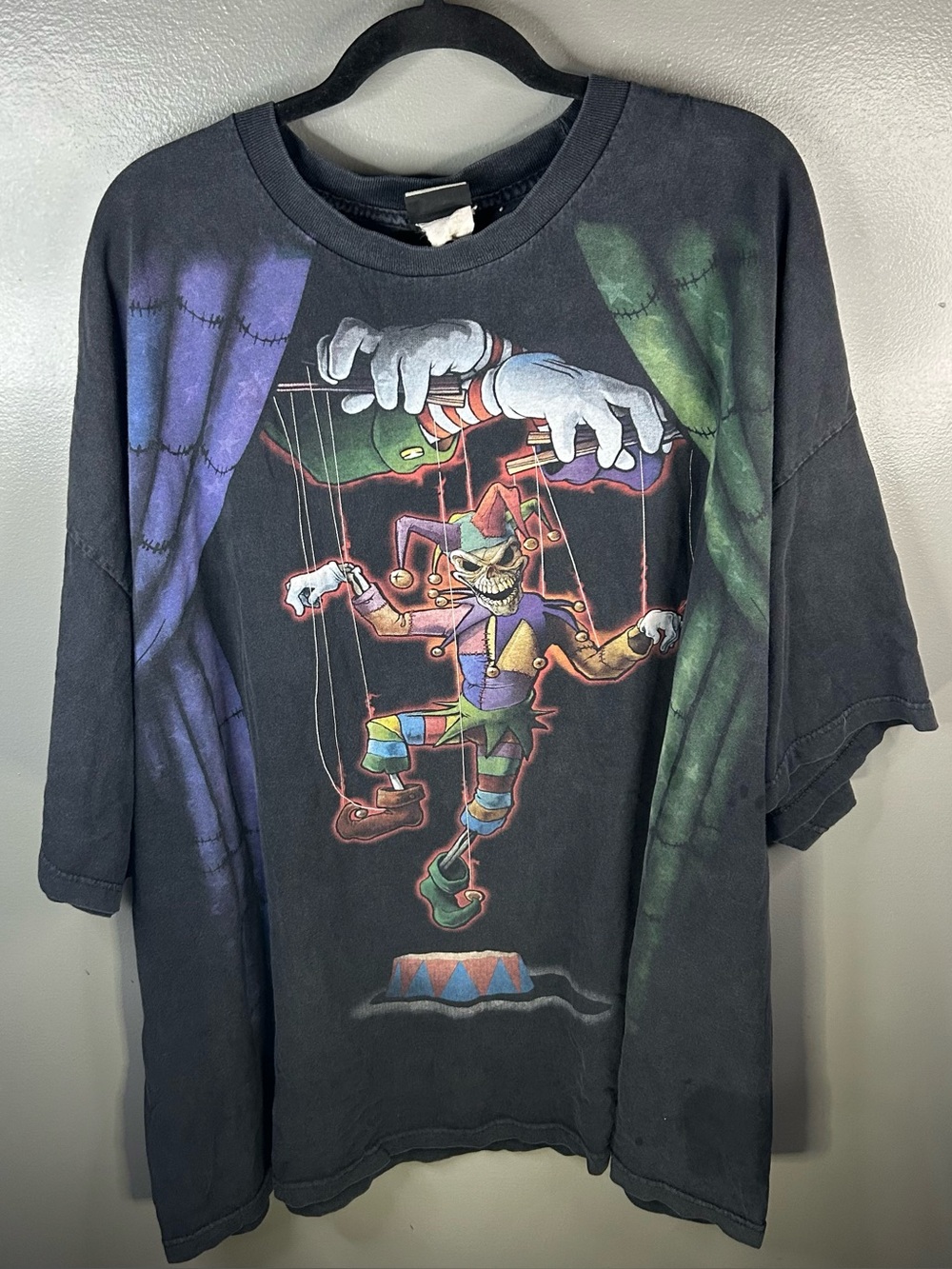 Vintage Liquid Blue Clown Jester Puppet Black Faded Short Sleeve Shirt Size 6XL